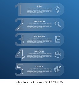 5 steps info graphic with business icons and copy space. Infographics template with numbers. Five parts or options for menu and workflow layout design. Vector illustration.