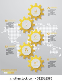 5 steps of info graphic gears shape on global map background. Simple & Editable vector background for presentation.