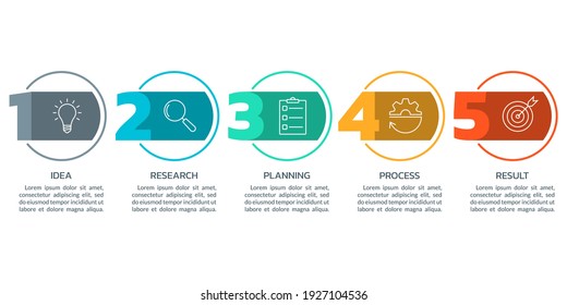 5 Steps Info Graphic With Numbers And Business Icons. Modern Business Process Design. Timeline Infographic, Presentation, Workflow Layout Template. Vector Illustration.