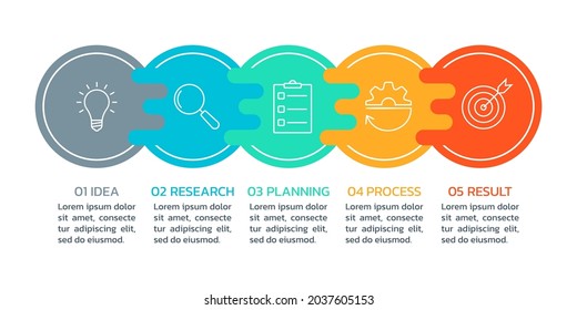 5 steps infograph. Business process, presentation, layout template. Chart, timeline info graphic, diagram with circles and modern icons. Vector illustration.