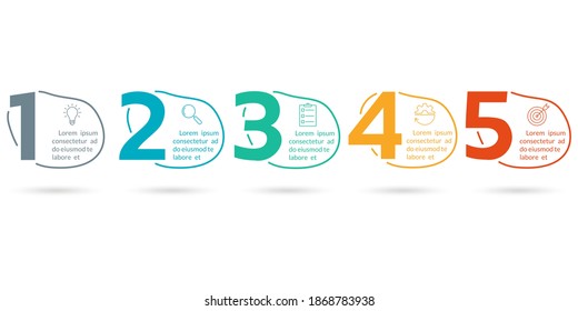 5 steps infographic elements with numbers and abstract shapes, fluid geometric elements. Timeline info graphic with business icons. Flow chart, layout, business workflow template. Vector illustration.