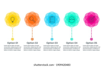 5 steps infographic elements with numbers and abstract shapes, fluid geometric elements. Timeline info graphic with business icons. Flow chart, layout, business workflow template. Vector illustration.