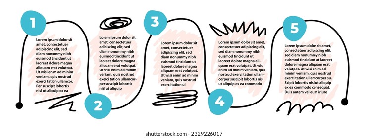 5 steps infographic with hand drawn text box, arrows. Step by step instruction. Empty way progress design template. Data visualization. Scribble design element for presentation with copy space. Layout