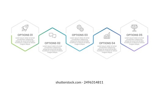 Elementos hexagonales de infografía de 5 pasos con Plantilla de diseño de línea. Presentación de negocios, planificación, flujo de trabajo, marketing, folleto y Anuncio. Ilustración vectorial.