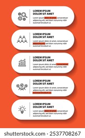 Modelo infográfico de 5 etapas com 5 opções. Fluxograma que pode ser usado para apresentação, visualização e relatório de negócios. Ilustração vetorial dos elementos infográficos da linha do tempo.
