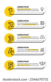 Modelo infográfico de 5 etapas com 5 opções. Fluxograma que pode ser usado para apresentação, visualização e relatório de negócios. Ilustração vetorial dos elementos infográficos da linha do tempo.