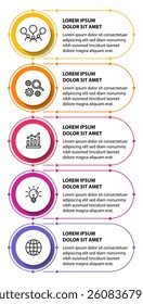 5 steps infographic template with 5 options. Flowchart that can be used for business report, data visualization and presentation. Timeline infographic elements vector illustration.