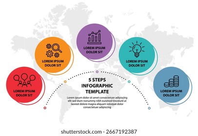 Plantilla de infografía de 5 pasos con 5 opciones. Diagrama de flujo que se puede utilizar para informes de negocio, visualización de datos y presentación. Ilustración vectorial de elementos infográficos de línea de tiempo.