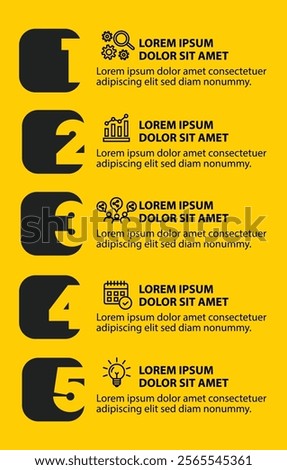 5 steps infographic template with 5 options. Flowchart that can be used for business report, data visualization and presentation. Timeline infographic elements vector illustration.