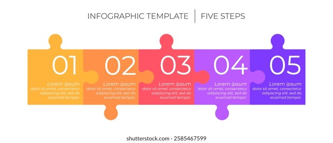 5 steps infographic template. Puzzle style timeline concept of five dependent components or parts of business project. 