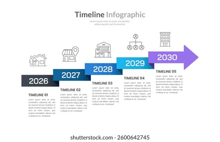 5 Steps infographic timeline arrow design template. Business Presentation, Plan, Milestone and Strategy. Vector illustration.