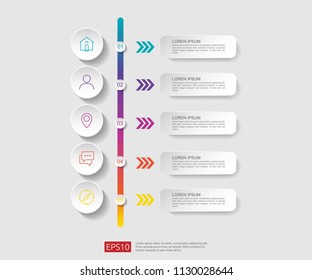 5 steps infographic. timeline design template with 3D paper label, integrated circles. Business concept with options. For content, diagram, flowchart, steps, parts, workflow layout, chart