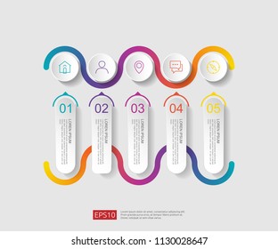 5 steps infographic. timeline design template with 3D paper label, integrated circles. Business concept with options. For content, diagram, flowchart, steps, parts, workflow layout, chart