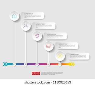 5 steps infographic. timeline design template with 3D paper label, integrated circles. Business concept with options. For content, diagram, flowchart, steps, parts, workflow layout, chart