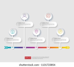 5 steps infographic. timeline design template with 3D paper label, integrated circles. Business concept with options. For content, diagram, flowchart, steps, parts, workflow layout, chart