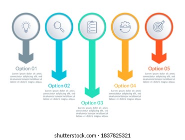 5 steps infographic. Timeline info graphic design with five circles and arrows. Business process layout with outline icons. Vector illustration.