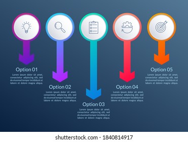 5 steps infographic. Timeline info graphic design with five circles and arrows. Business process layout with outline icons. Vector illustration.