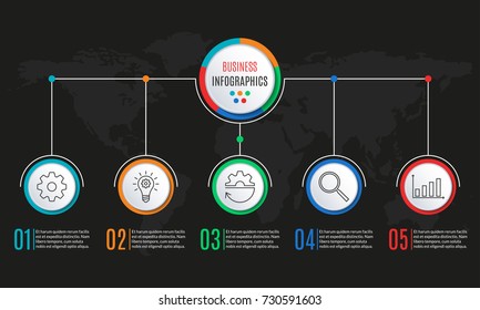 5 steps infographics for business presentation. Circle infographic template with 5 options, levels, parts, or processes. Diagram, workflow layout, flow chart, web design elements. Vector illustration.