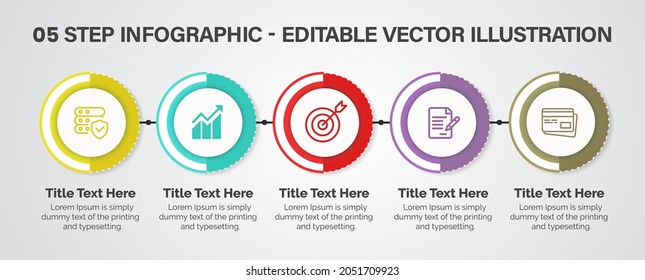 Plantilla de diseño de infografías de 5 pasos: gráfico, gráfico circular, diseño de flujo de trabajo, diagrama de ciclo, folleto, informe, presentación, diseño web. Ilustración del vector editable