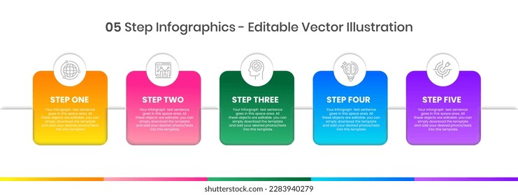 Plantilla de diseño de infografías de 5 pasos: gráfico, gráfico circular, diseño de flujo de trabajo, diagrama de escudero, folleto, informe, presentación, diseño web. Ilustración del vector editable