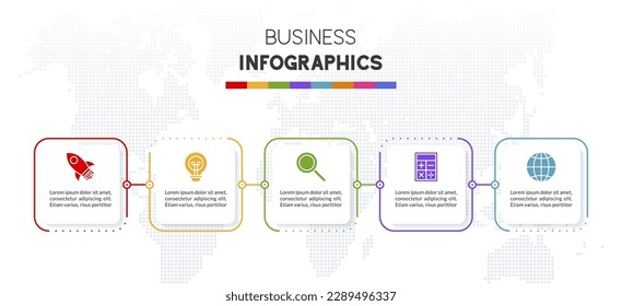 5 Schritte Infografik Design Vorlage und Symbole mit Karte. Verwendung als Workflow-Prozessdiagramm, Geschäftsdatendarstellung, Zeitplanlayout, Meilenstein, Banner, Broschüre, Flussdiagramm