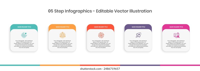 5 Steps Infographics Design Template - Graph, Pie chart, workflow layout, squire diagram, brochure, report, presentation, web design Editable Vector illustration