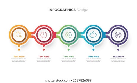 5 steps infographics design template. horizontal business process with circle icons. Ideal for presenting workflows, strategies, and progress.