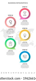 5 steps infographics with dialog bubbles chart. Vector circles template five parts used for business diagram for web, banner, workflow layout, presentations, info graph, timeline, processes diagram