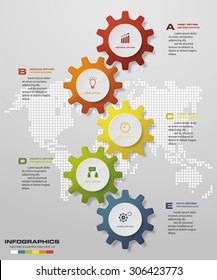 5 steps of infographics gears shape on global map background. Simple&Editable vector background for presentation