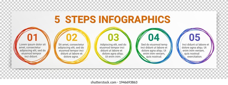 5 Steps infographics. Template for presentations or business strategies. Workflow sequence with key development stages. Colored doodles circles outline stages of the project. Business infographic.