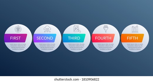 5 Stufen, Ebenen oder Optionen Infografik Vorlage. Business Design Elemente mit Symbolen für Infografiken, Informationsbroschüre, Präsentation, Banner, Workflow-Layout. Vektorgrafik.