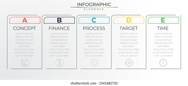 5 steps minimal timeline infographic concept with rectangle frame and icons. Chart process template. Modern vector art for company or corporate business project and presentation. Trendy Eps10 design