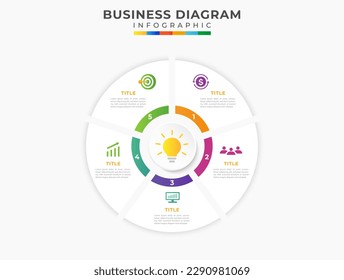 5 Steps Modern Mind Map diagram with circles and topic titles. Presentation and business vector infographic template.