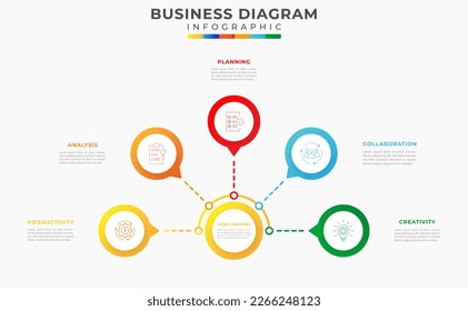 5 Steps Modern Mind mapping Diagram with topic and icon symbols, presentation vector infographics. Infographic template for business.