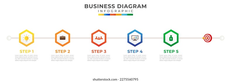 5 Schritte Modernes Zeitstrahl-Diagramm mit Thema-Hexagon-Titeln, Darstellung Vektorgrafik. Infografische Vorlage für Unternehmen.