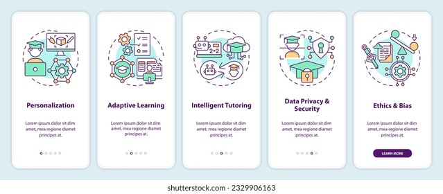 5 steps multicolor icons representing artificial intelligence in education, graphic instructions with linear concepts, app screen.