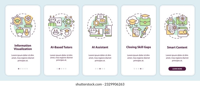 5 steps multicolor icons representing AI in education, graphic instructions with linear concepts, app screen.