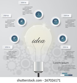 5 steps on light bulb shape  template/graphic or website layout. Vector.