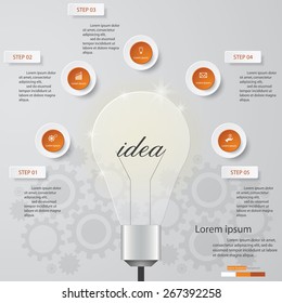 5 steps on light bulb shape  template/graphic or website layout. Vector.