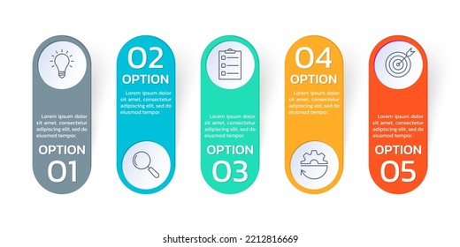 5 steps, option infographic with business icons. Presentation, process, timeline ingfo graphic template with round button. Vector illustration.