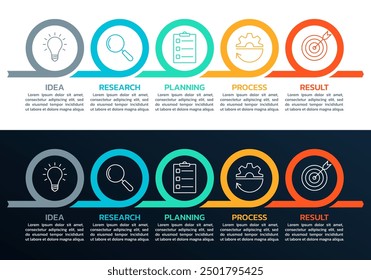 5 pasos, infografía de la opción con los iconos del negocio. Diagrama de proceso, Diseño gráfico de información de línea de tiempo con Elementos circulares. Diseño moderno, Plantilla de diagramas de flujo. Ilustración vectorial.