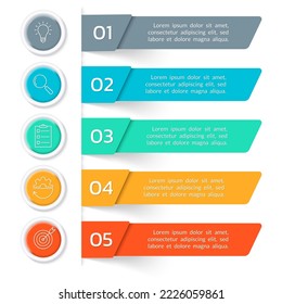 5 steps, option infographic. Menu, list design with business icons. Presentation, layout banner. Modern info graphic template. Vector illustration.
