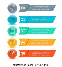 5 steps, option infographic. Menu, list design with business icons. Presentation, layout banner. Modern info graphic template. Vector illustration.