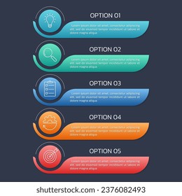 5 steps option infographic template. Presentation, layout design with business icons. Menu or list with 5 sections. Flow chart, process diagram, layout concept. Vector illustration.