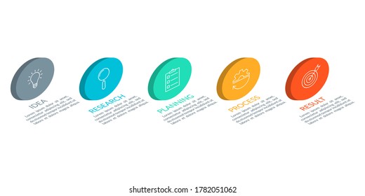 5 steps, option or levels info graphic design with five 3d or isometric circles and business icons. Modern elements for presentation, workflow layout, timeline infographics. Vector illustration.
