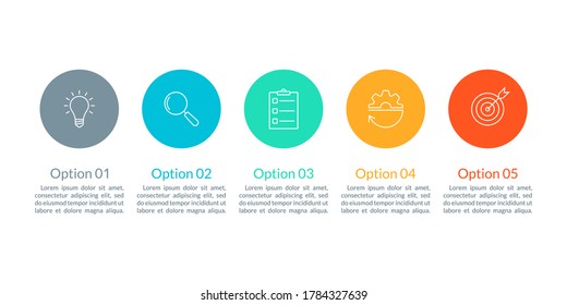 5 pasos, opción o niveles info diseño gráfico con cinco íconos de negocio. Elementos modernos para presentación, diseño de flujo de trabajo, infografías de línea de tiempo. Ilustración vectorial.