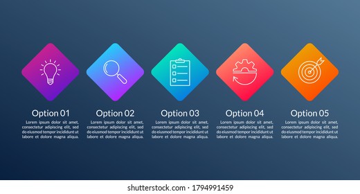 5 pasos, opción o niveles info diseño gráfico con cinco íconos de negocio. Elementos modernos para presentación, diseño de flujo de trabajo, infografías de línea de tiempo. Ilustración vectorial.