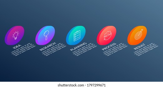 5 steps, option or levels info graphic design with five 3d or isometric circles and business icons. Modern elements for presentation, workflow layout, timeline infographics. Vector illustration.