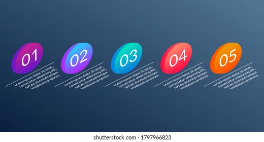 5 steps, option or levels info graphic design with five 3d or isometric circles and business icons. Modern elements for presentation, workflow layout, timeline infographics. Vector illustration.