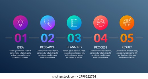 5 steps, option or levels info graphic design with five business icons. Modern elements for presentation, workflow layout, timeline infographics. Vector illustration.
